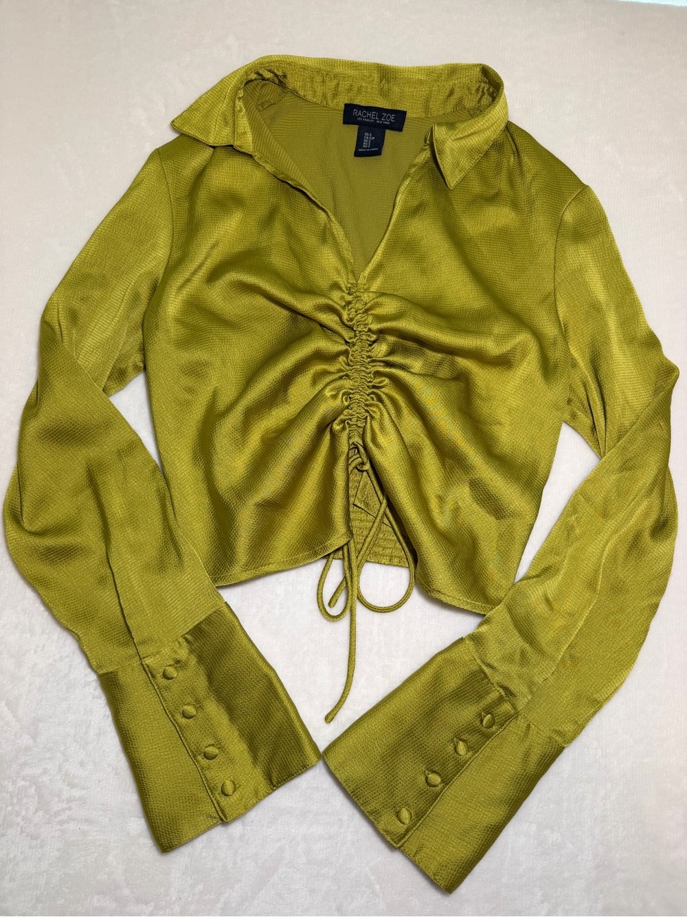 Rachel Zoe Chartreuse Ruched Button-Front Collared Top